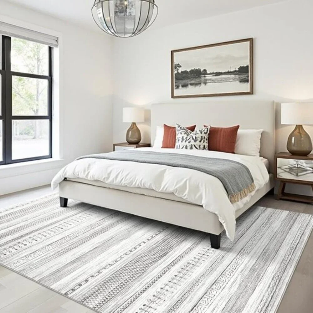 New 5x7 Grey Area Rug, Washable Soft Geometric Carpet for Home, Room & Office